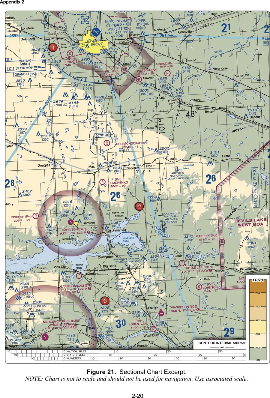 A VFR sectional chart excerpt around Minot, North Dakota, showing airports, the Devils Lake West MOA, and three numbered reference points.