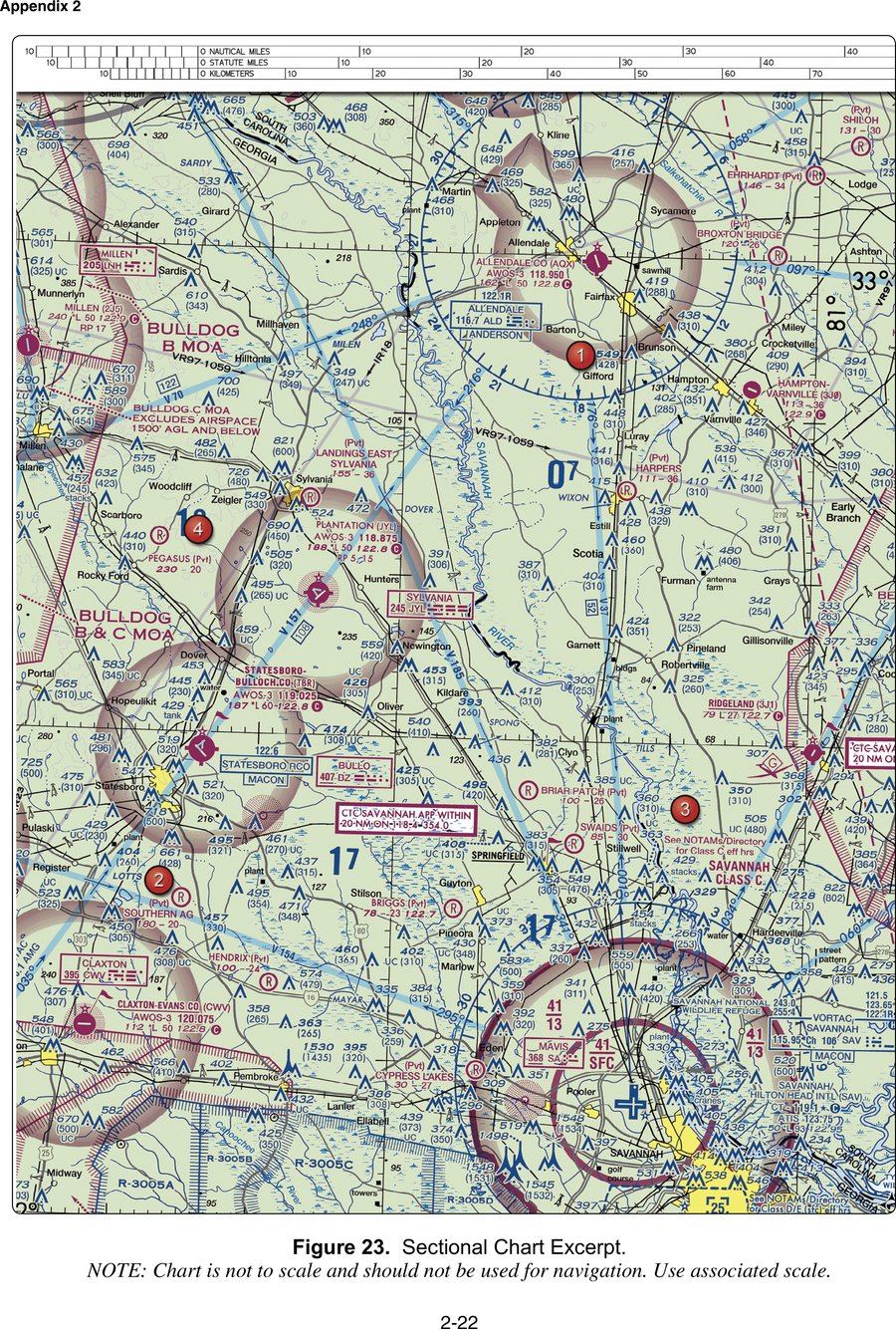 A VFR sectional chart excerpt around Savannah, Georgia, showing Class C airspace, military operations areas, and four numbered reference points.
