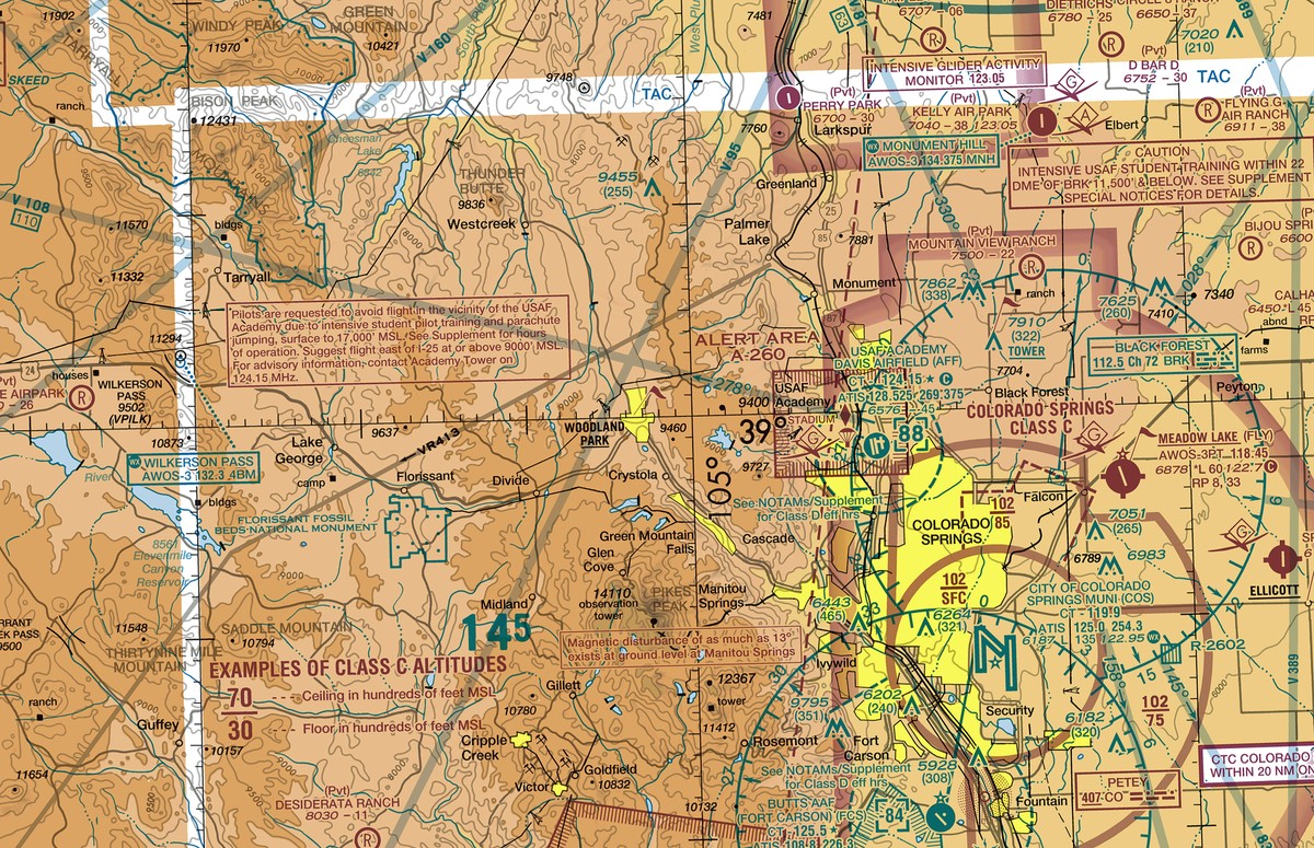 A current FAA Denver sectional excerpt around the US Air Force Academy, showing Alert Area A-260's boundary and advisory note, the Colorado Springs Class C shelf altitudes and the chart's own 'Examples of Class C Altitudes' legend, airport data blocks, and obstacle height callouts.