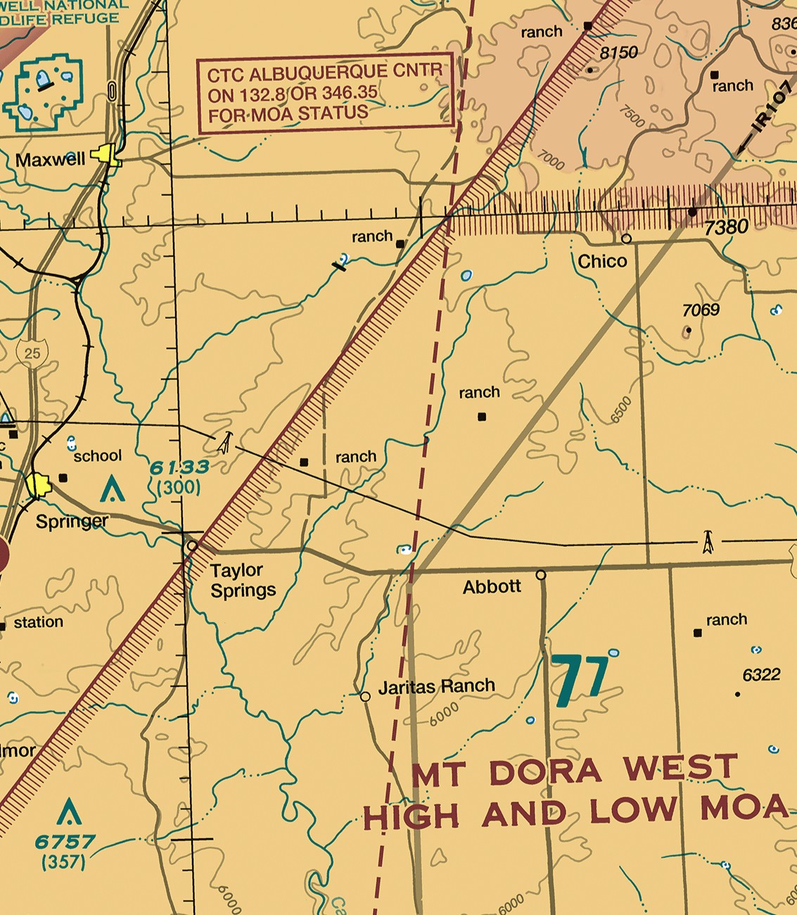 A current FAA Denver sectional excerpt showing the Mt Dora West High and Low Military Operations Area boundary and its 'contact Albuquerque Center for MOA status' note, obstacle height callouts, and the quadrangle Maximum Elevation Figure.